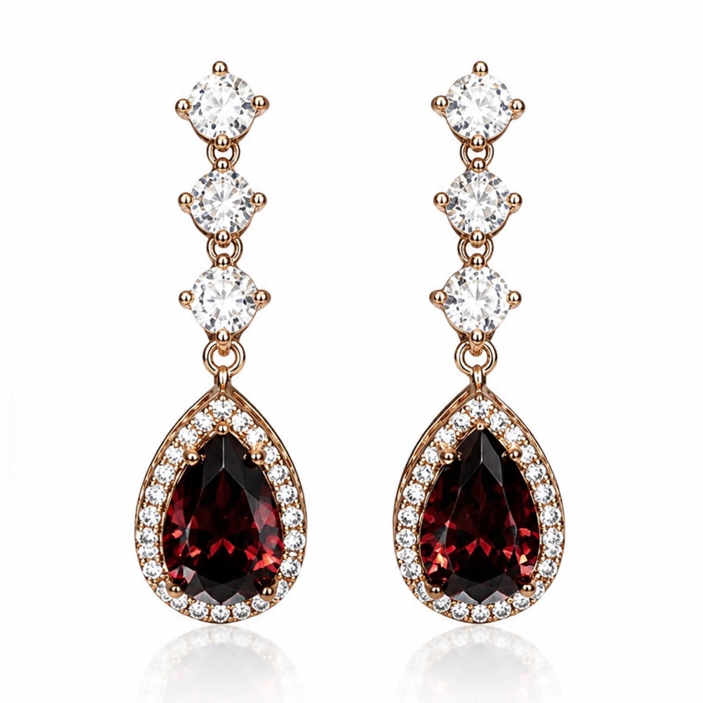 Elegant Gold Drop Earrings with Garnet Red Teardrop Zirconia